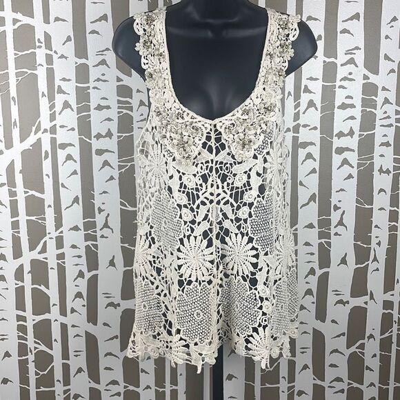Ivory Floral Crochet Jeweled Collar Tank Top - Picture 1 of 10